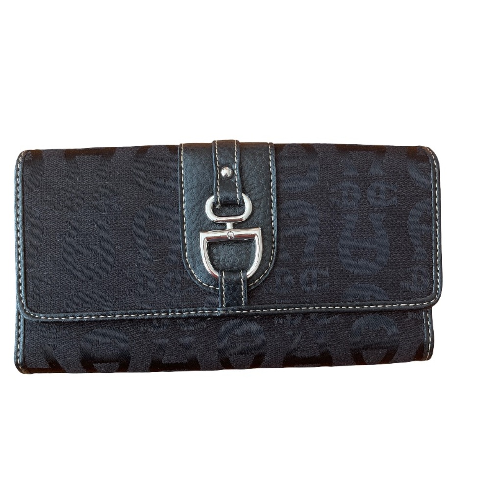 Etienne Aigner Women’s Black Canvas Trifold Wallet Signature